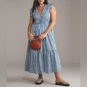 Anthropologie Peregrine Midi Dress In Blue And Grey Wavy Check